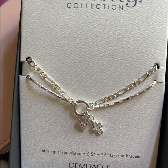 NWT Heart + Cross Silver Charm Layered Bracelet 6.5in 2in ext  giftable box - Picture 1 of 7